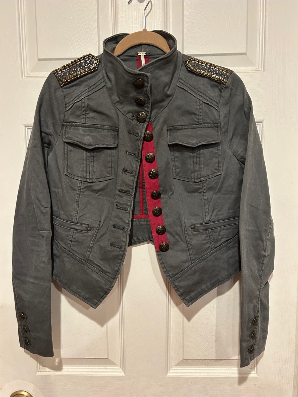 Free People Charcoal Gray Military-Style Embellished Epaulet Jacket